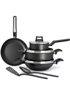 9-Piece Non-Stick Cookware Set (Fry Pan, Casserole, Saucepan, Kadai, 3 Lids & 2 Spatulas) with 5 Layer PTFE, Non-Stick Spray Coating, BXSGS09BME Black 4.7kg,