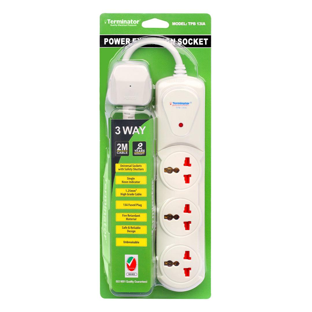 3 Way Universal Power Extension Socket 1.25mm2 Cable Single Indicator Safety Shutter 2M Cable 13A