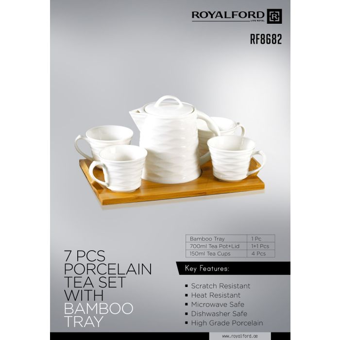 Royalford RF8682 Porcelain Tea Set With Bamboo Tray
