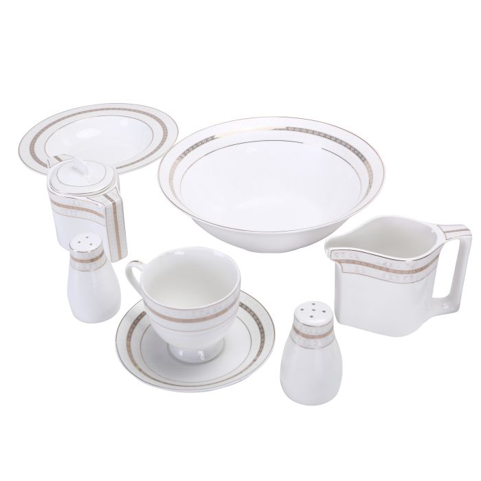 Royalford RF8396 47Pcs Ovation Fine Bone Round Dinner Set - Portable Design Plates, Bowl, Pot, Cups & Saucer | Comfortable Handling | Perfect For Everyday Use, & Get- Together, Restaurant, Banquet & M