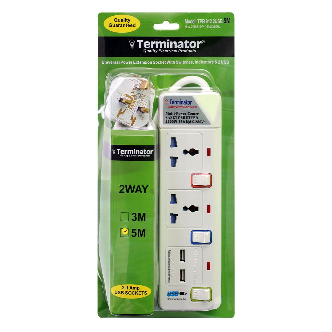 2 Way Power Extension Socket With 2 USB 2.1A 5M 13A Plug