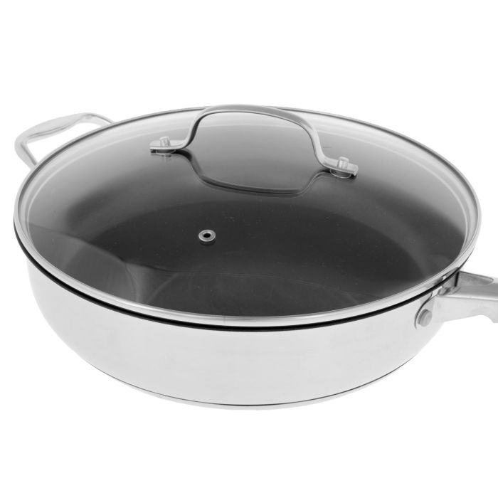 30 CM Stainless Steel Pan – Non-Stick Coated, Tempered Glass Lid, PFOA Free, Suitable For All Hob Types – For Sauteing, Frying & Simmering