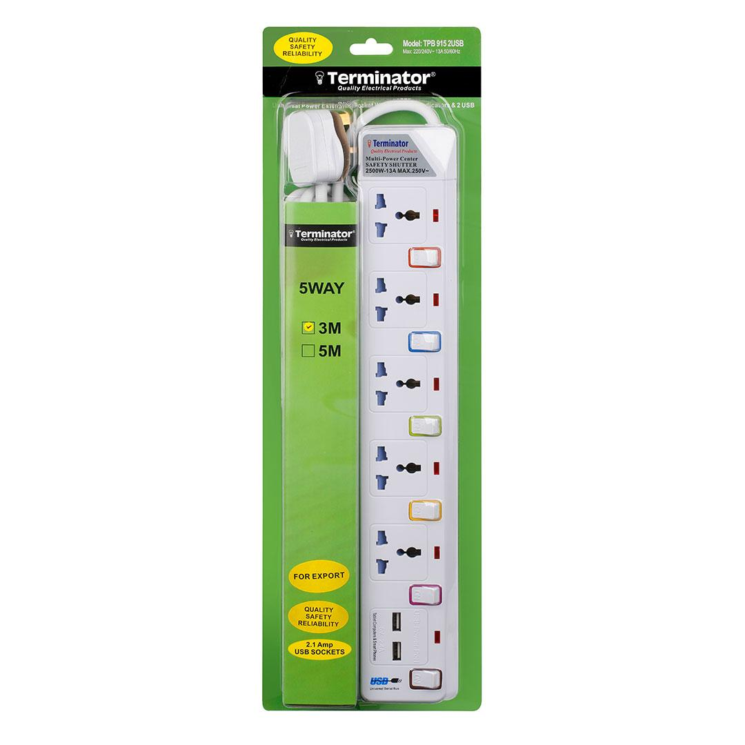 5 Way Power Extension Socket With 2 USB 2.1A 3M 13A Plug