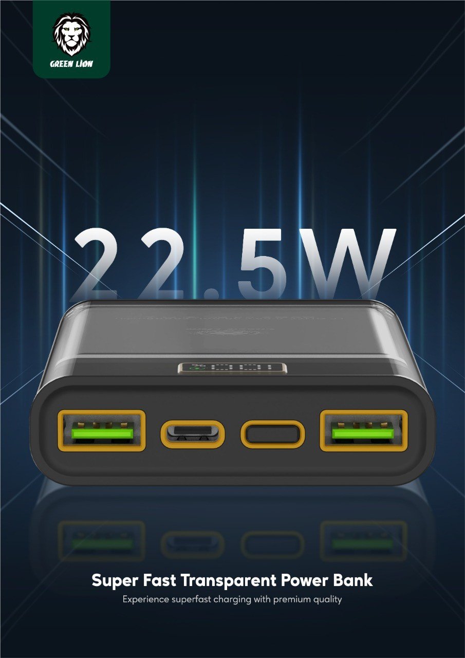 Green Super Fast Transparent Power Bank 20000mAh ( QC 22.5W + PD 20W ) - Black
