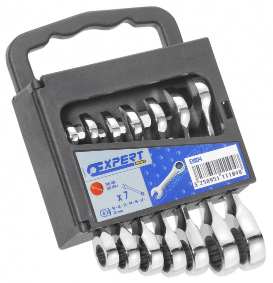 EXPERT E111104 METRIC SHORT RATCHET COMBINATION SPANNER SET + RACK 7PCS 10-19MM