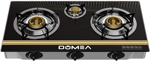 DOMEA Gas Burner With Auto Ignition | 3 Burners Stove With Convenient Pot Holders, Tempered Glass Top, Cast Iron Burner| Perfect For Home, Apartments, Parties | Table Top, Portable