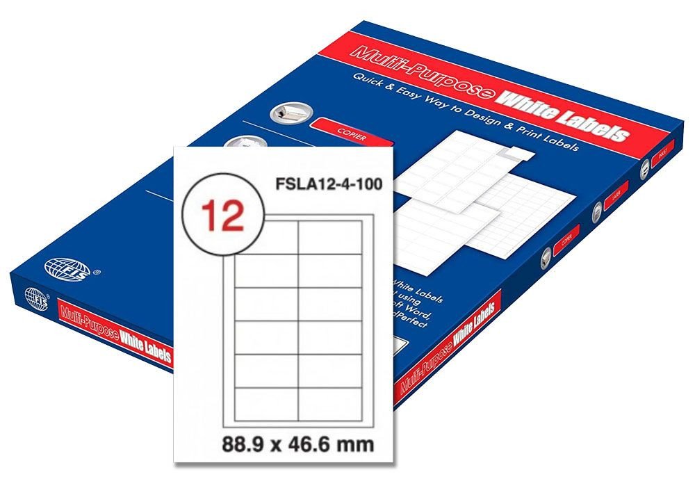 FIS Multipurpose Laser Labels, Colour White, Size 88.9X46.6mm,  (12 Stickers x 100 Sheet) A4 Size, E.U. Origin Material - FSLA12-4-100