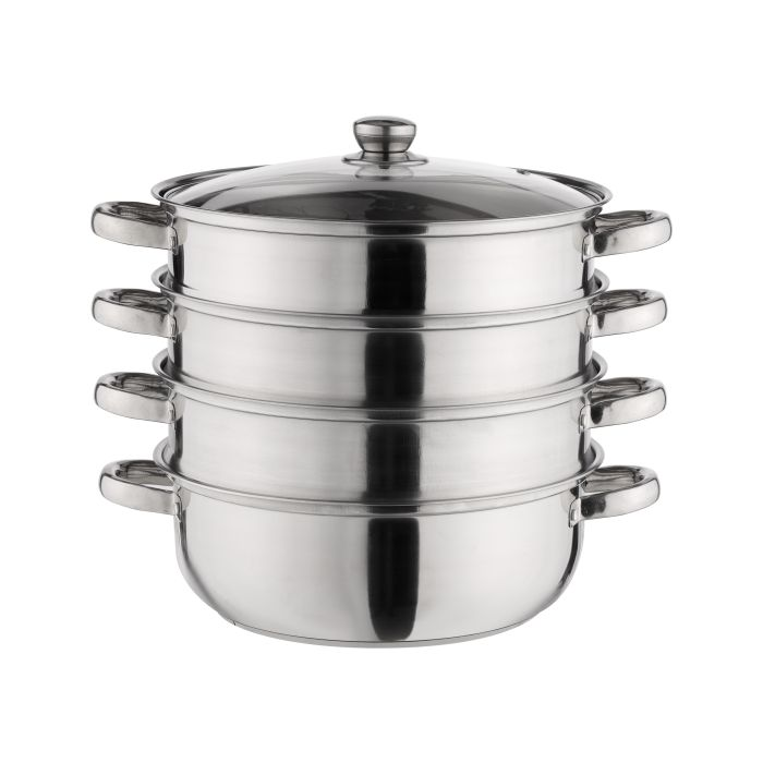 4-Layer Stainless Steel Steamer Pot, Multipurpose, RF10427 | Tempered Glass Lid | Comfortable Handles| Support Multiple Hobs | Ideal For Tamale, Dumpling, Sea Food & More