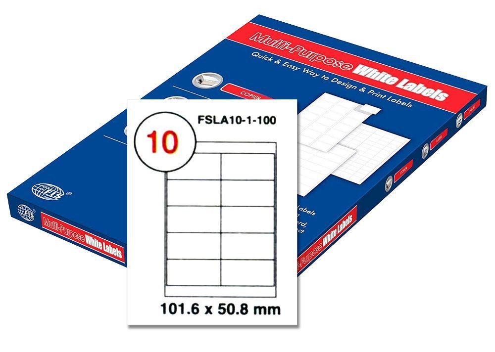 FIS Multipurpose Laser Labels, Colour White, Size 101.5 x 50.8mm, (10 Stickers x 100 Sheet) A4 Size, E.U. Origin Material -FSLA10-1-100