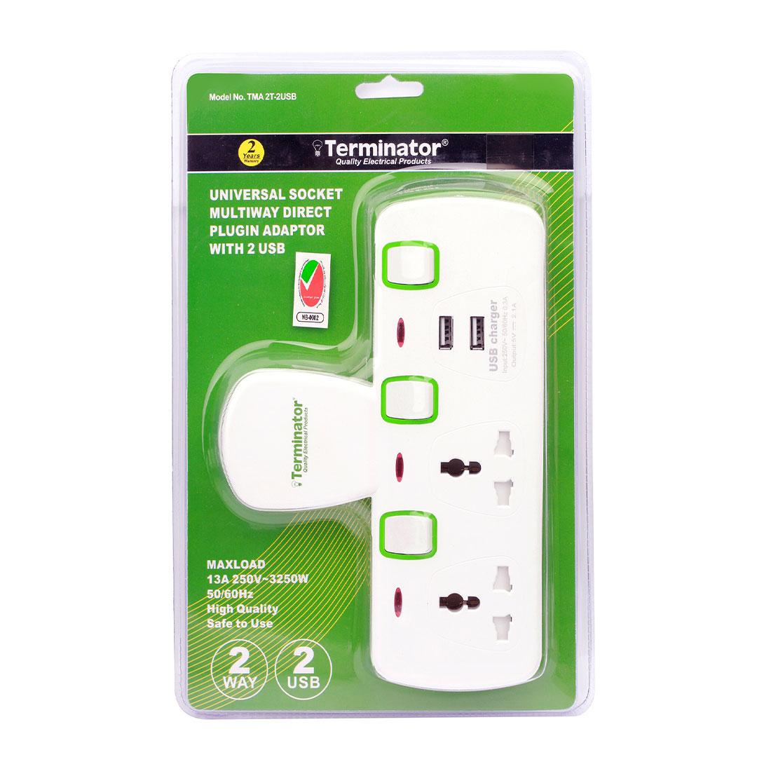 2 Way Universal T Socket With 2USB, 2.1Ah Individual Switch And Indicator