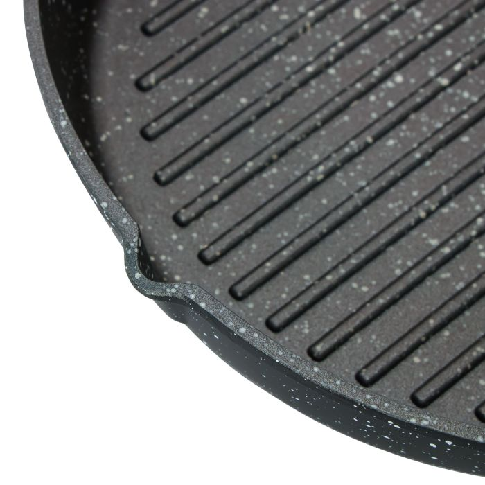 Round Grill Pan, Granite Coated Die-Cast Aluminium, RF10765 | 2 Pouring Spouts | 24cm Non-Stick Cookware Fry Pan | Strong Wood-Finish Bakelite Handle | 4mm Thickness