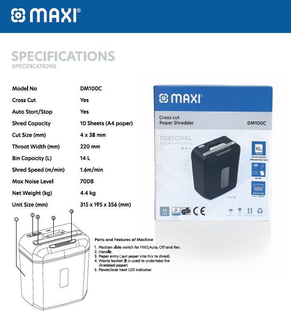 Maxi DM 100C Paper Shredder 10 Sheet Cross Cut  14 Litres