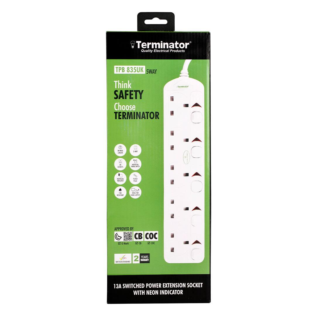 5 Way UK Power Extension Socket With Individual Switches 5M 1.25mm2 Cable 13A Plug