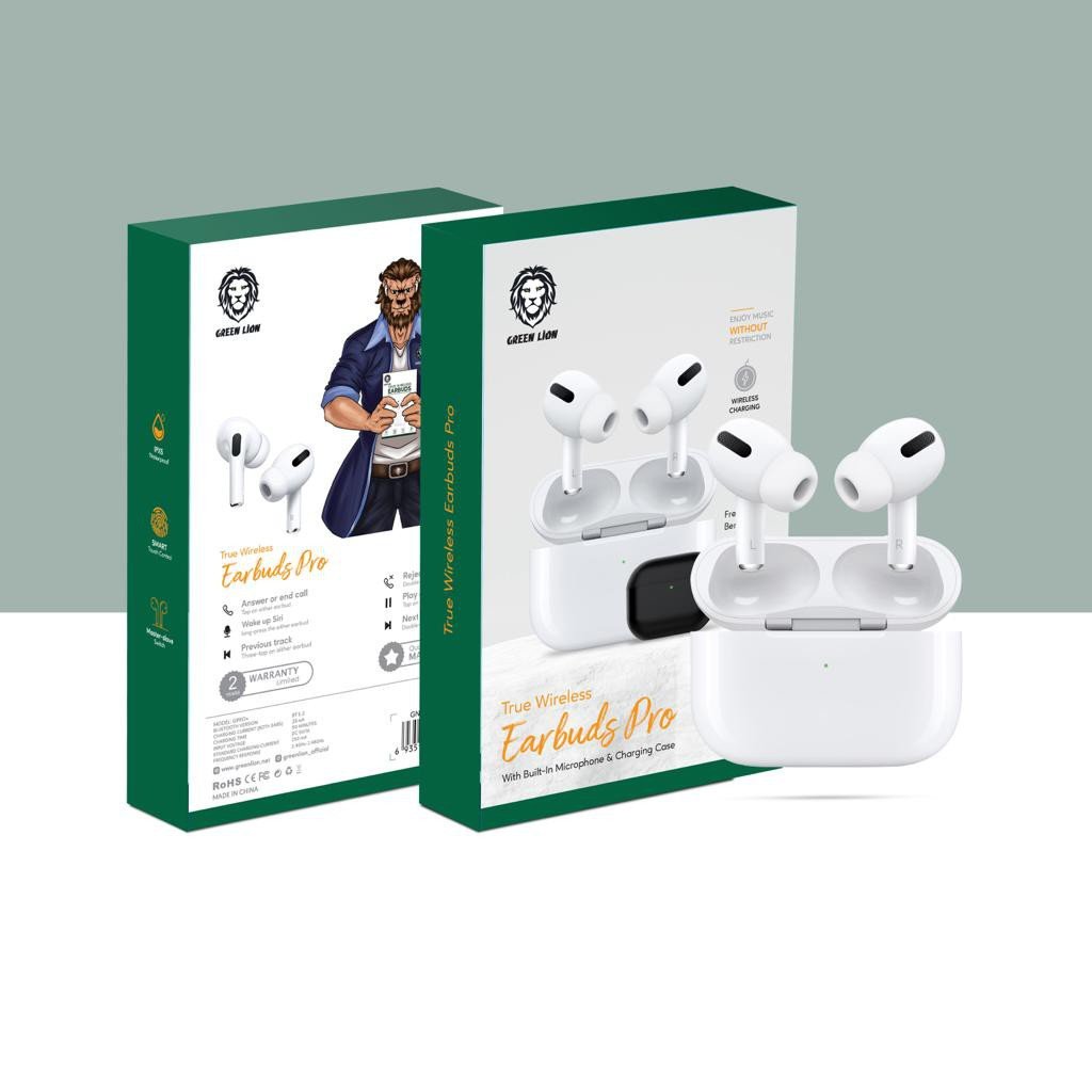 Green Lion True Wireless Earbuds Pro with Built-In Microphone & Charging Base - White