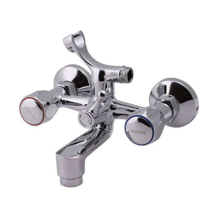 Geepas Dual Handle Bath Shower Mixer - Wall Mixer 3 In 1 With Provision For Overhead Shower Metal Wheel Handle Wall-Mounted - Two Taphole | 5 Years Warranty