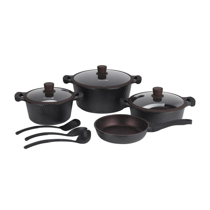 Die-Cast Cookware Set With Durable Granite Coating, RF10336 | 10 Pcs Cookware | Tempered Glass Lid | Heavy-Duty Bakelite Handles | Compatible With Multiple Hob