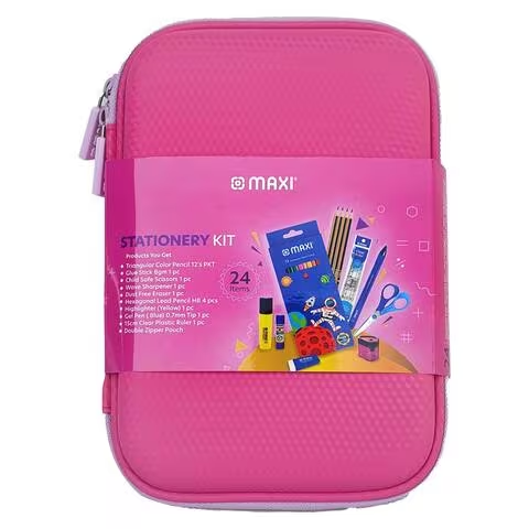 Maxi Double Zipper Pencil Case Stationery Kit Pink