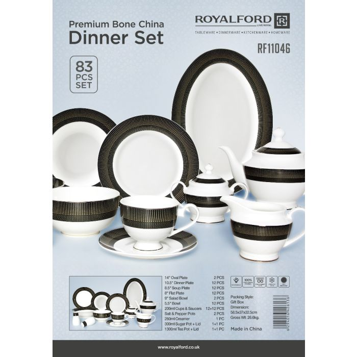 Premium Bone China Dinner Set, 83 Pcs Set, RF11046 | Elegant Floral Design | Dishwasher Safe | Freezer Safe | Bone China Chin Resistant Dishes Sets Service For 12