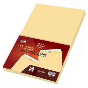 FIS Manila Envelopes Peel & Seal, Plain, Pack of 50 Pcs. 10 x 7 Inch, 120 GSM - FSME1233P50
