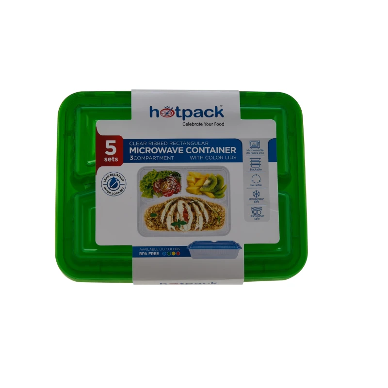 Clear Ribbed Rectangular Microwave Compartment Container with Color Lids 5 Pieces