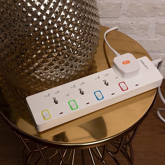 DOMEA Multi Plug Extension With 4 Universal Sockets | Plug Type Adaptor | 3 Meter Cable | Copper Cable With Safety Fuse | Individual Switches
