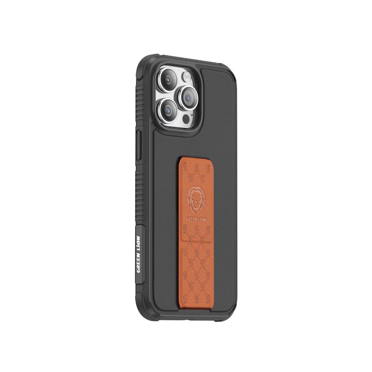 Green Lion Series 79 Case with Leather Wrist Band Stand for iPhone 14 Pro Max (6.7") - Orange(Grip) / Black(Case