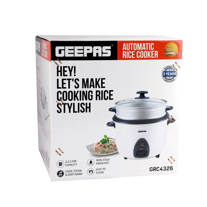 Geepas GRC4326 2.2L Electric Rice Cooker -Cook/Warm/Steam, High-Temperature Protection - Make Rice & Steam Healthy Food & Vegetables | 2 Year Warranty
