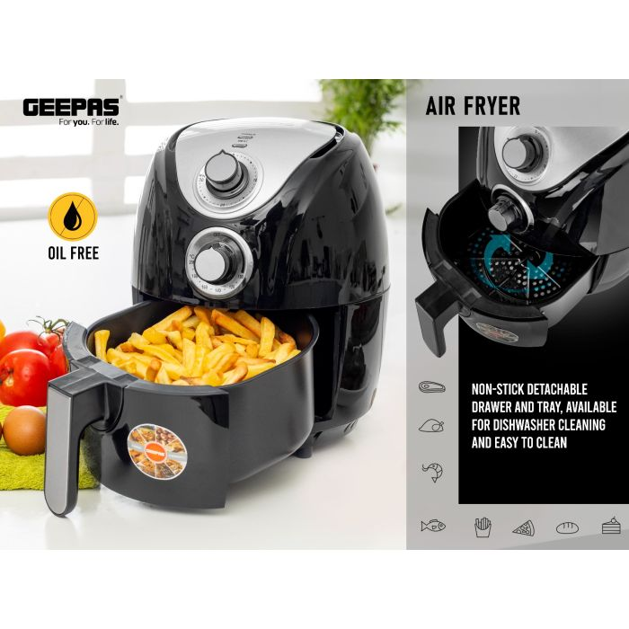 1300W Air Fryer With Rapid Air Circulation System, GAF37521 - 100-200 C Adjustable Temperature Control For Healthy Oil Free Or Low Fat Cooking - 30 Minute Manual Timer, 2.5L Capacity - 2 Year Warranty