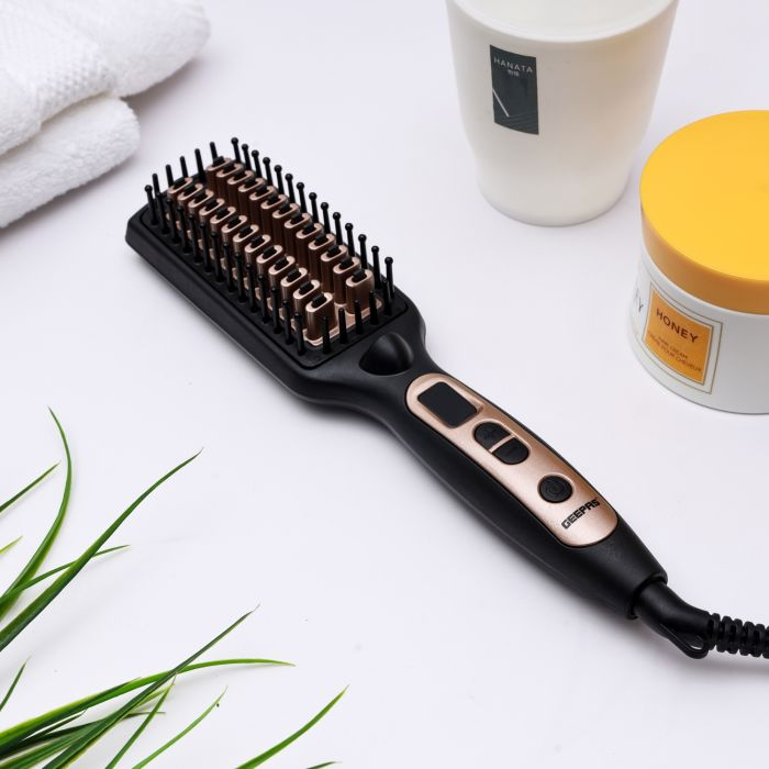 Geepas 2 In 1 Hair Brush 45W - Straightener Brush With Ceramic Anti Scald Hair Brush, Travel Voltage Brush, Auto Shut Off With LED Display And Heating Function | 2 Years Warranty