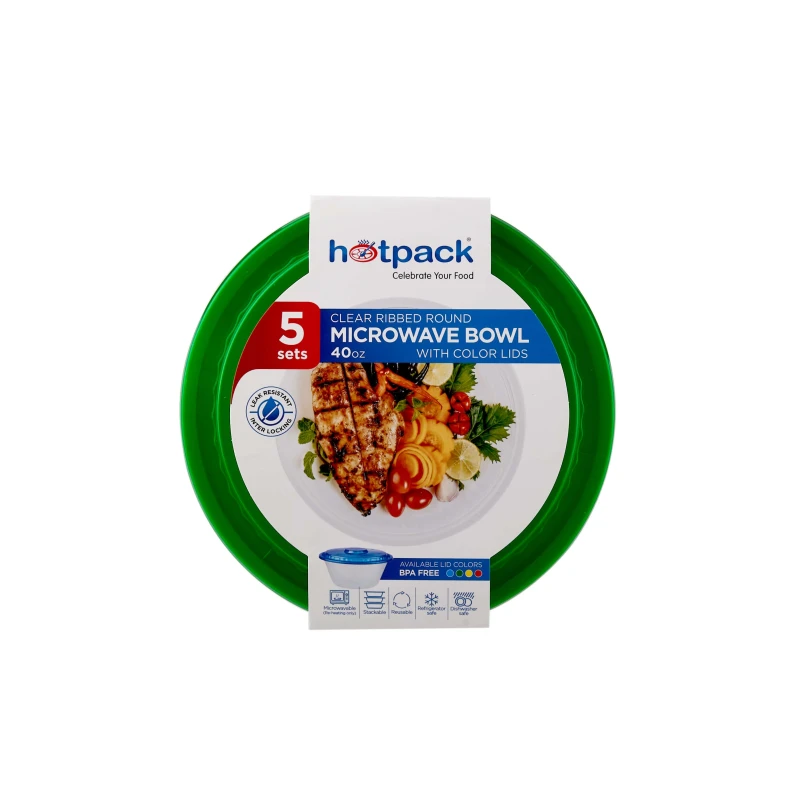 Round Ribbed Microwave Bowl With Color Lid 5 Pieces