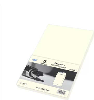 FIS Color Envelopes Peel & Seal, Pack of 25 Pcs. Ivory Color, 10 x 7 Inch, 100 GSM - FSEC1033PIV25