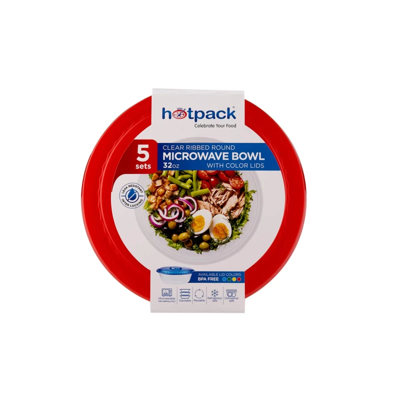 Round Ribbed Microwave Bowl With Color Lid 5 Pieces