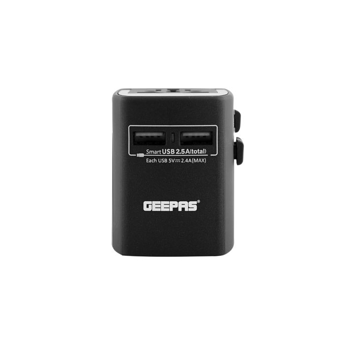 Geepas Universal Adapter For Electric Devices Up To 1840W At 230V, 880 W At 110W - Works In More Than 150 Countries, Has 2 Fuses And 5V, 2.4A Output