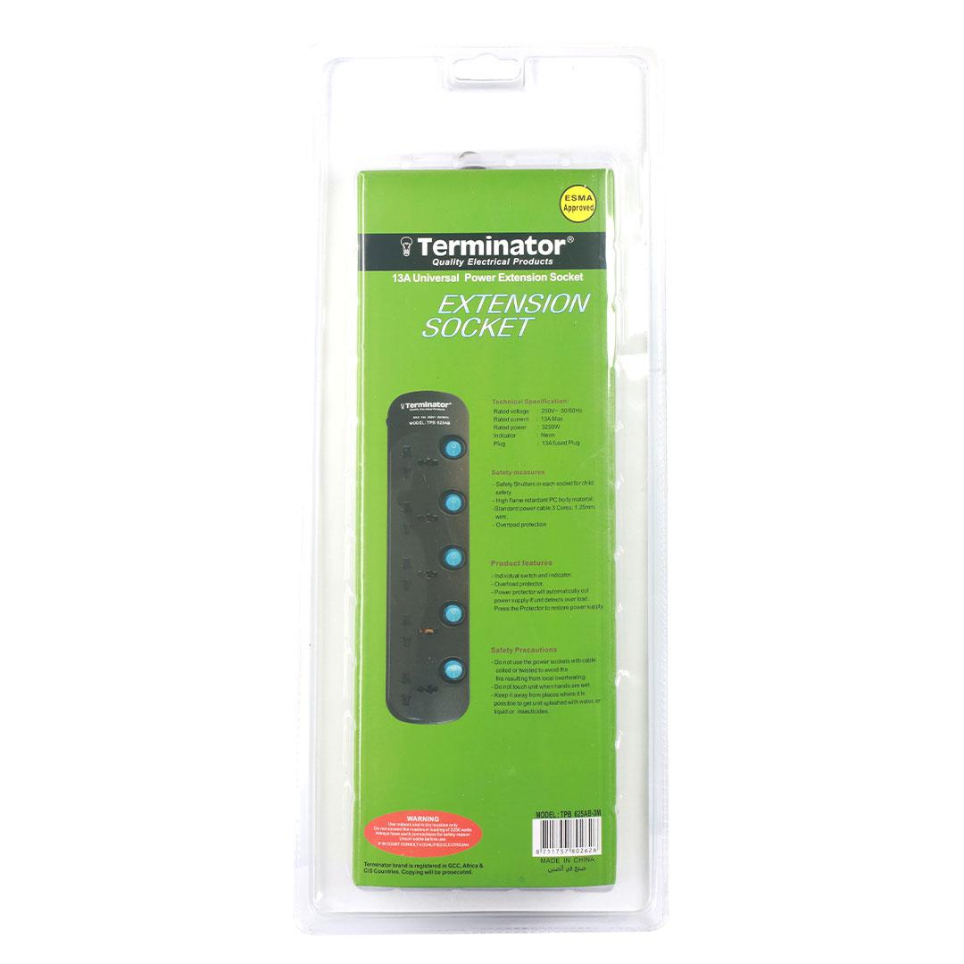 5 Way Universal Power Extension Socket 3X1.25MM2 Black Body & Blue Switch 3M Cable 13A Plug