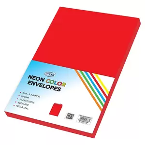 FIS Color Envelopes, Peel & Seal, Neon Red Colors, Pack of 50 Pcs. 9 x 6 inch, 80 GSM - FSEC8032PBRE50