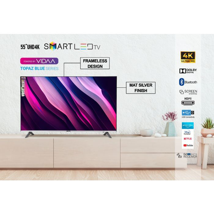 Geepas 55" VIDAA Professional TV- GLED5509SVUHD| Smart Voice Control, 4K Ultra HD, Smart TV With Frameless Design| With Remote Control, HDMI And USB Ports| Licensed Contents And Pre-Installed Apps, Bl
