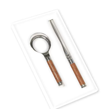 Fis Set Of Magnifier And Letter Opener, Silver Body Metal & Brown Italian Pu Cover - Fsmglosetbrd2