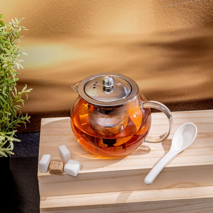 Royalford RF8265 Glass Tea Pot With Stainless Steel Strainer - 650 ML, Easy Grip Handle, Ideal For Tea, Coffee, Milk, Herbal Tea, Flower Tea, And More