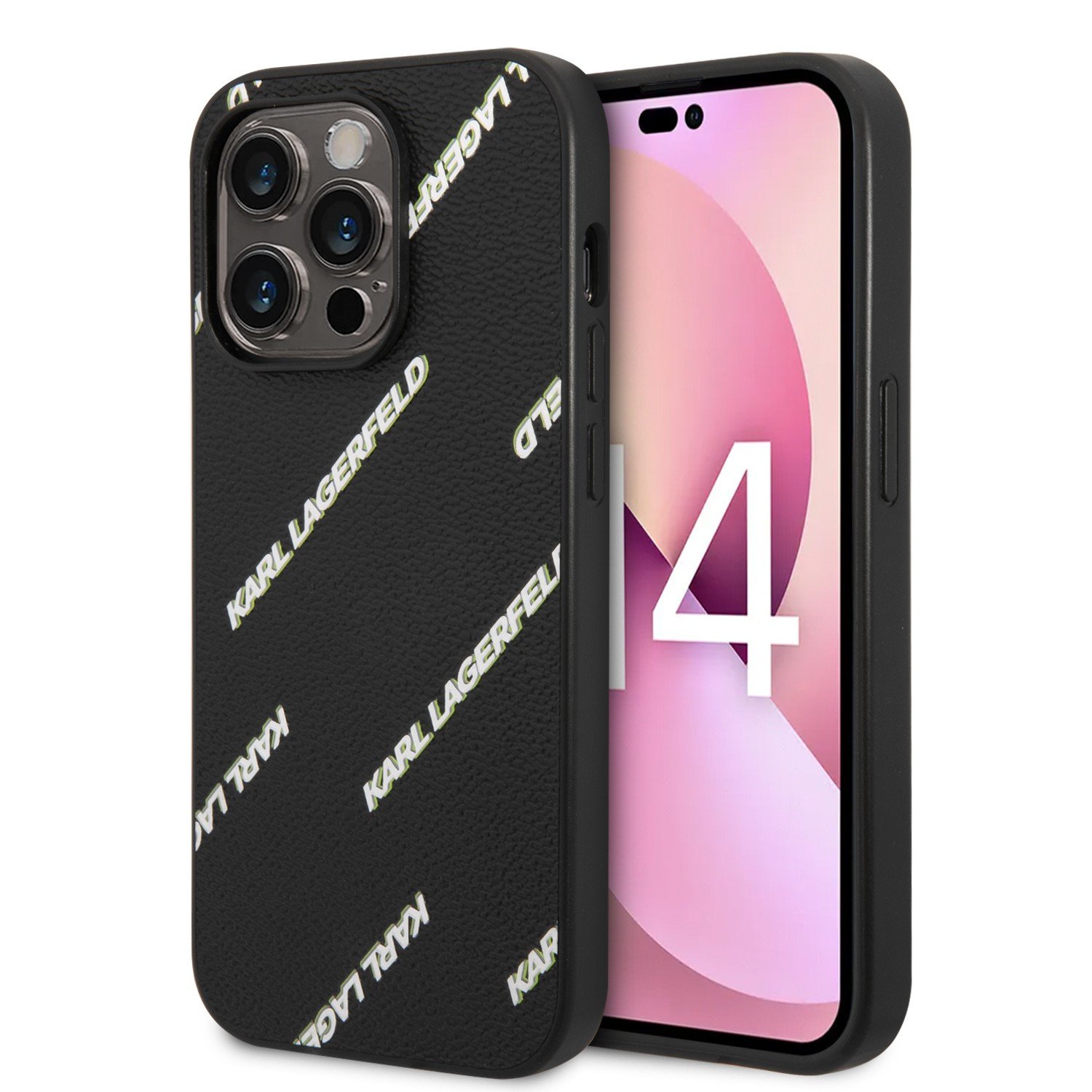 Karl Lagerfeld Grained PU Leather Case With Logomania Pattern For iPhone 14 Pro - Black