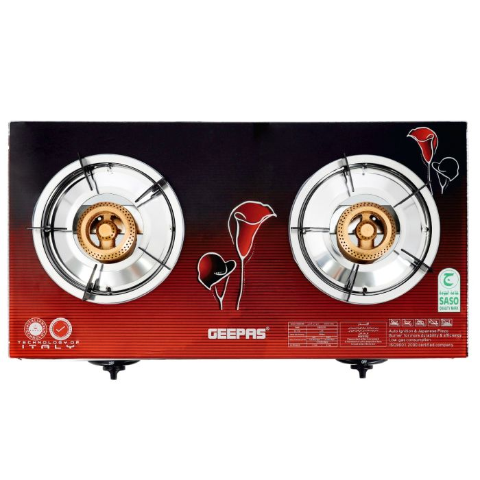 Gas Cooker, Auto Piezo Ignition Stove, GGC31013 | Double Burner | Saves 60% Gas | Cast Iron Burners | Tempered Glass Top | Stainless Steel Frame And Tray