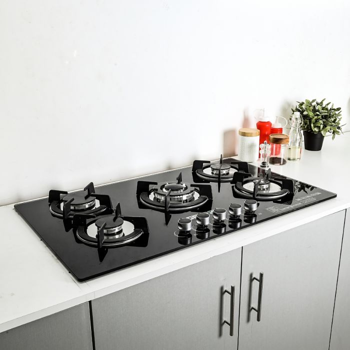 Geepas 5-Burner Gas Hob - Attractive Design, 8mm Tempered Glass Worktop - Automatic Ignition, 5 Heating Zones | ERGONOMIC DESIGN, STAINLESS STEEL BODY | 2 YEARS WARRANTY