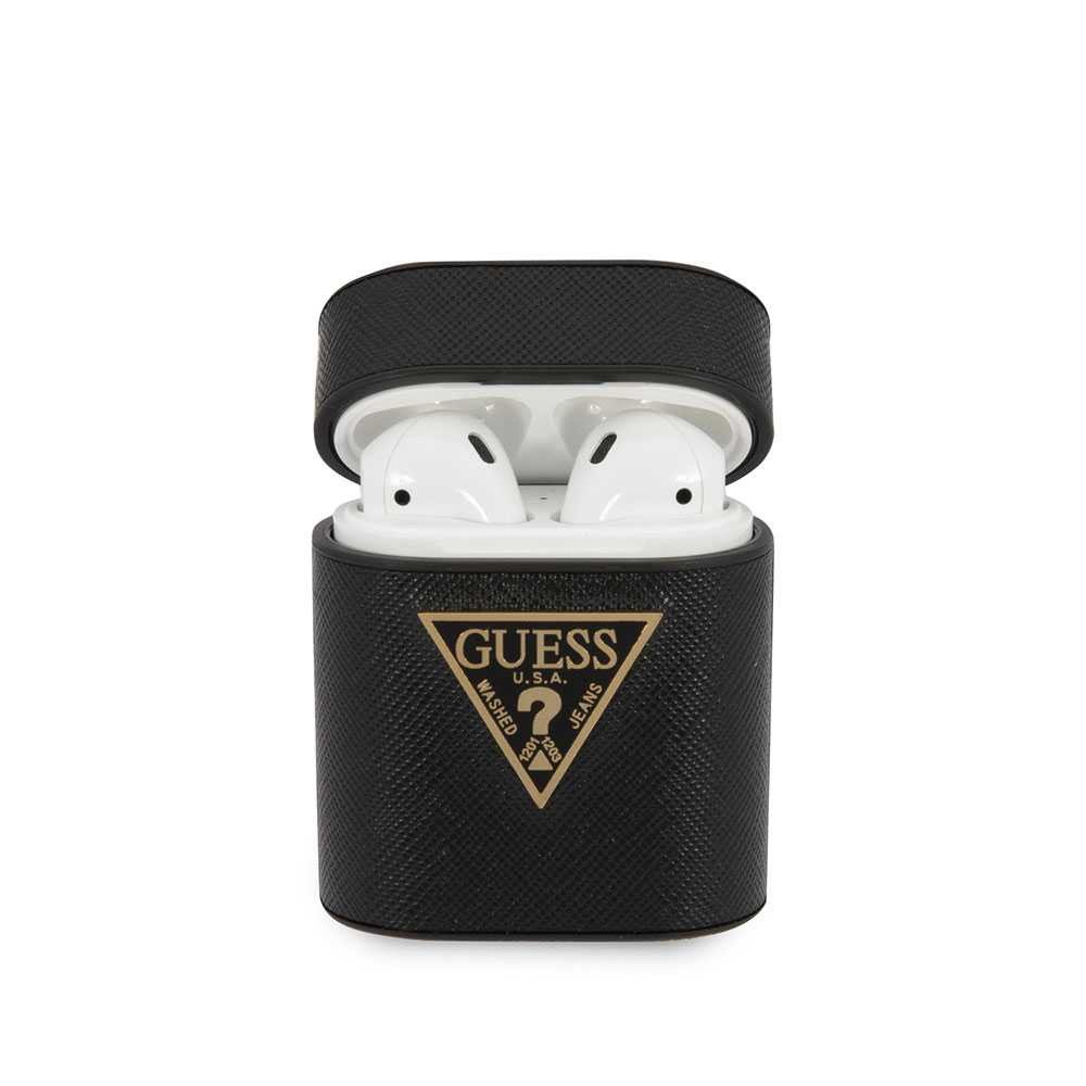 Guess PU Saffiano Round Shape Case with Metal Logo for Airpods 1/2 - Black