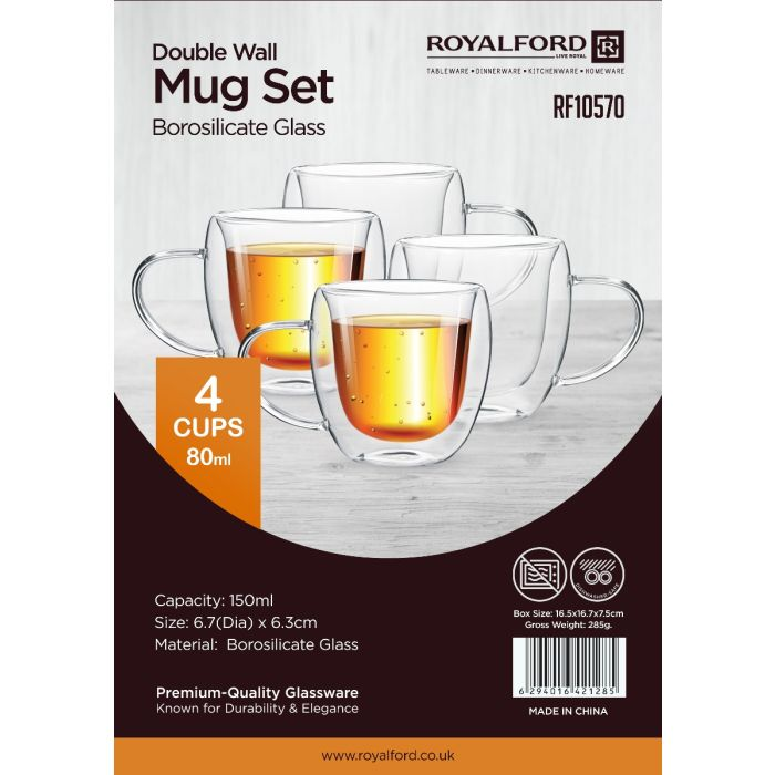 Double Wall Mug Set, 80ml Borosilicate Glass Cup, RF10570 | 4pcs Clear Glass Coffee Cups | Insulated Coffee Glass, Cappuccino Cups, Tea Cups, Latte Cups, Beverage Glasses