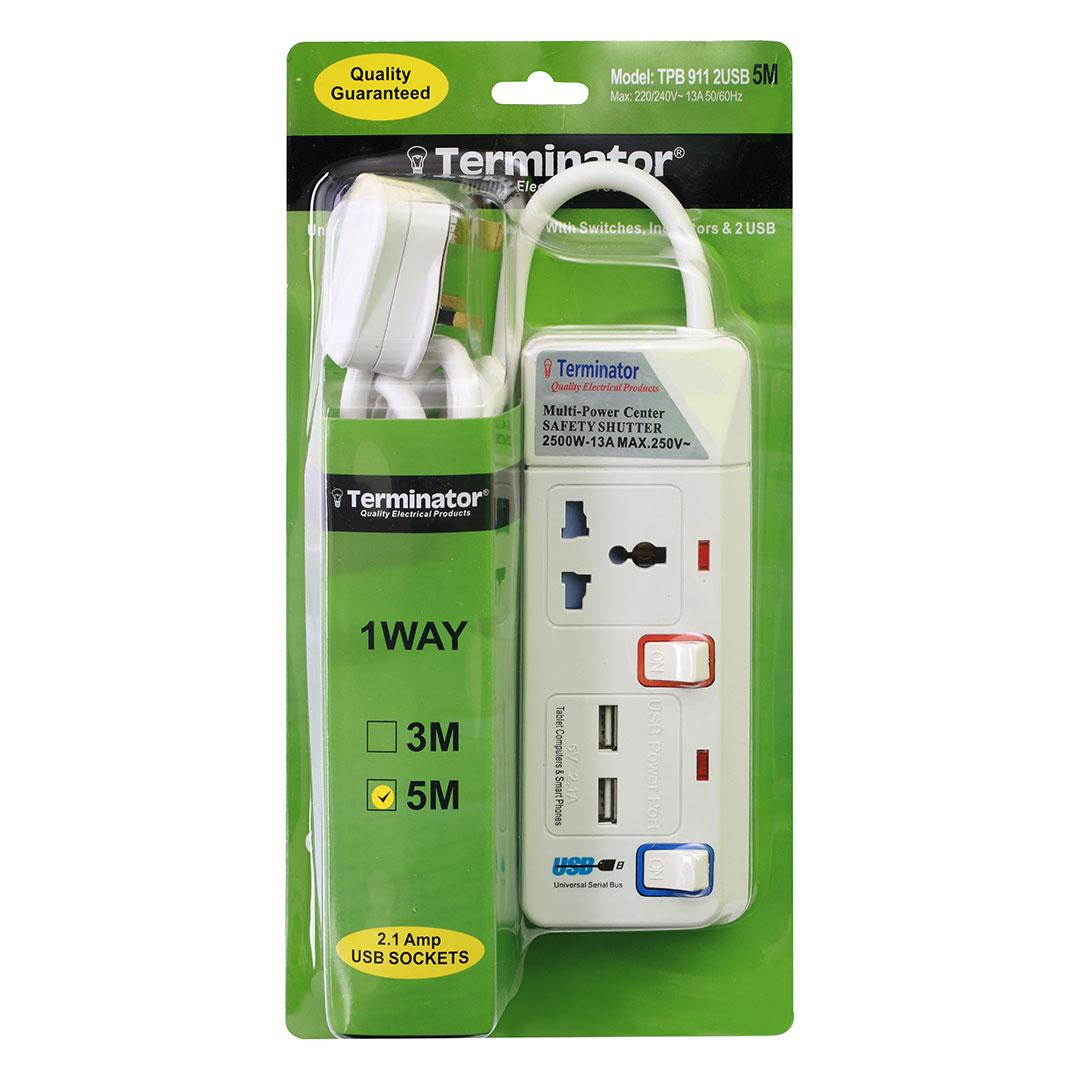 1 Way Power Extension Socket With 2 USB 2.1A 5M Cable 13A Plug