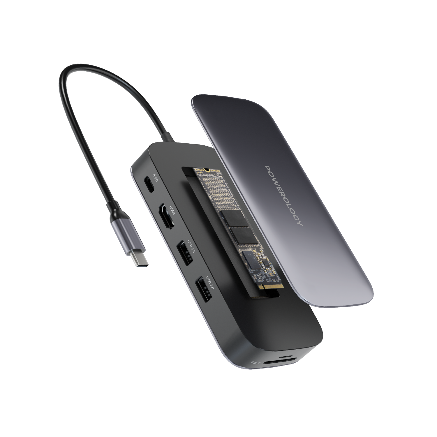 Powerology USB-C Hub & SSD Drive 256GB PD 100W - Gray
