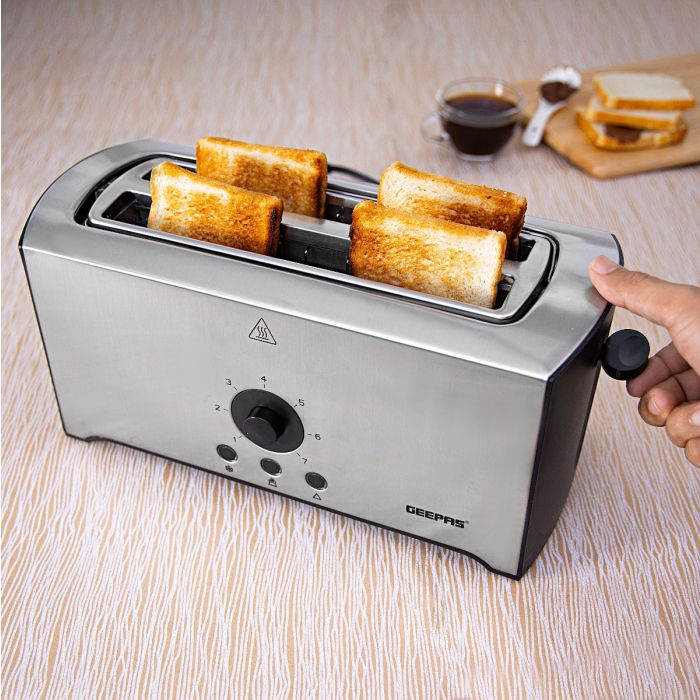Geepas 4 Slice Toaster - Stainless Steel Bread Toaster With High Lift Function - Reheat/Cancel/Defrost Function & Removable Crumb Tray - Lift & Lock Function, Wide 4 Slots- 2 Year Warranty