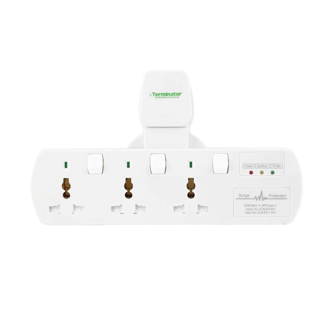 3 Way Universal T Socket With Surge Protection, Individual Switch, and Indicator