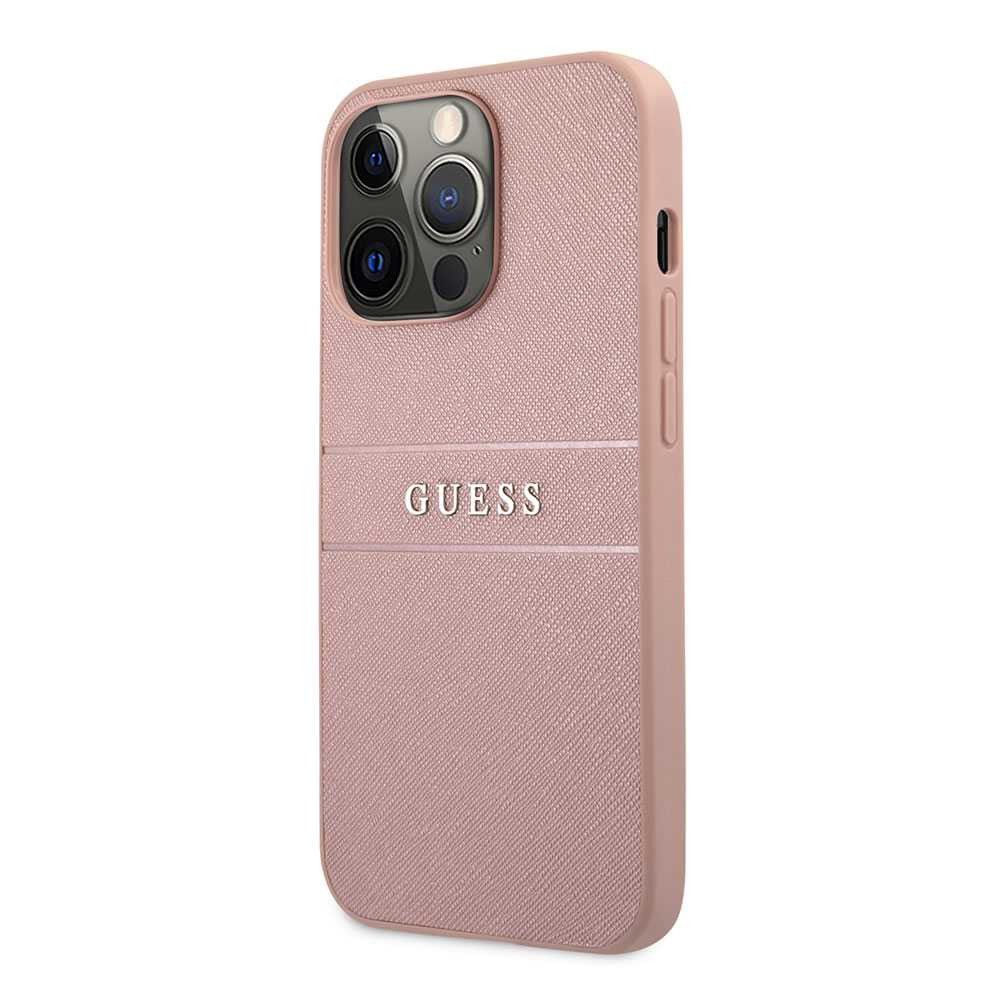 Guess PU Leather Case Saffiano With Metal Logo Hot Stamp Stripes For iPhone 13 Pro (6.1") - Pink