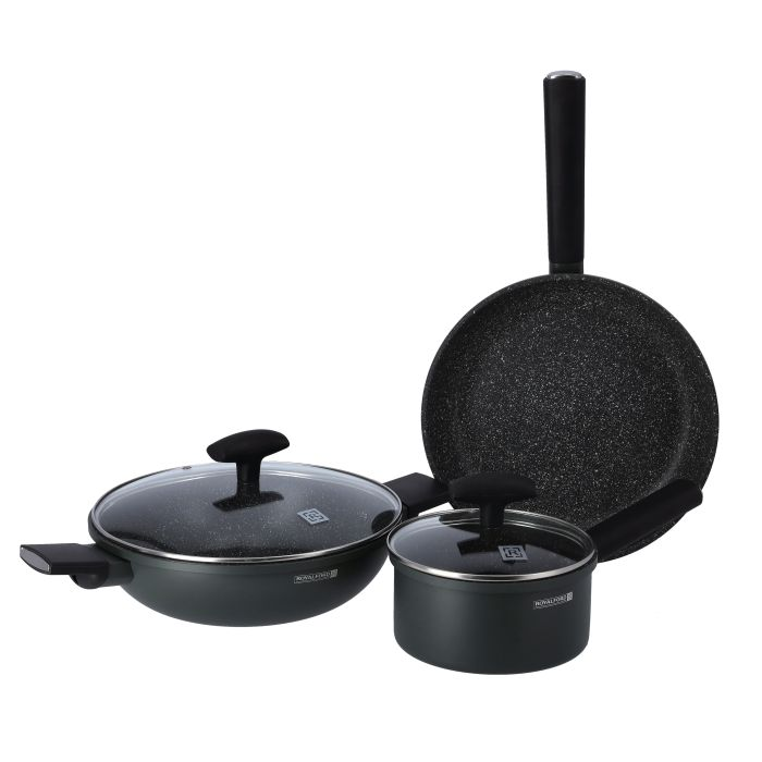 Royalford 5-Pieces Non-Stick Cookware Set - Scratch Resistant, Tempered Glass Lids, 2.5mm Body Thickness, Bakelite Knobs, & CD Bottom | 3 Layer Granite Coating Comfortable Handle | Multiple Hob Compat