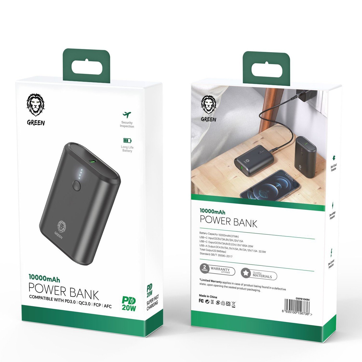 Green Power Bank 10000mAh PD 20W - Black